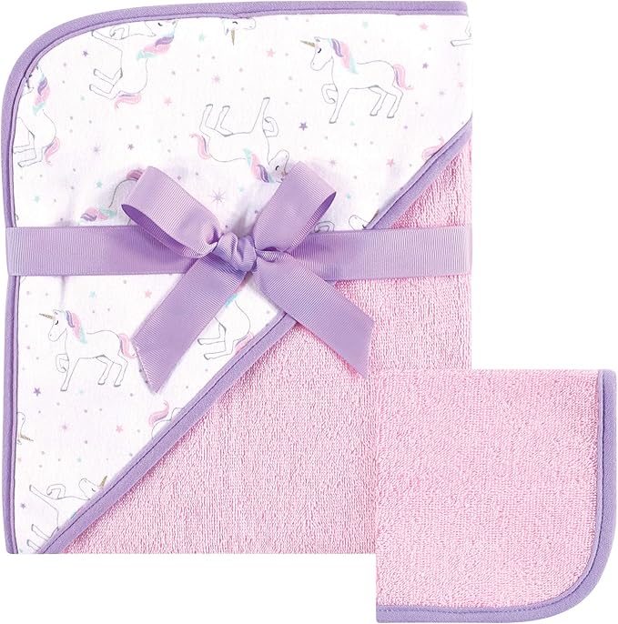 Hudson Baby Unisex Baby Cotton Hooded Towel and Washcloth, Magical Unicorn, One Size