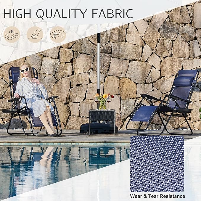 Sweetcrispy Zero Gravity Chairs, Set of 2 Portable Recliner Beach Camping Patio Outdoor Folding Lounge Chair with Cup Holder Trays and Adjustable Pillow for Poolside, Garden, Backyard, Lawn (Blue)
