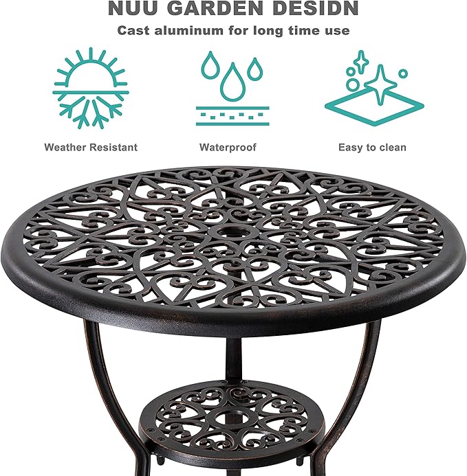 NUU GARDEN Bistro Set 3 Piece Outdoor All Weather Cast Aluminum Patio Bistro Set Patio Table and Chairs Set of 2 with Umbrella Hole for Backyard, Balcony, Front Porch, Lawn, Pool, Bronzer