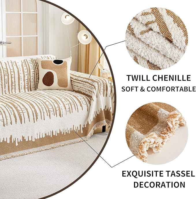 HAOMAIJIA Boho Sofa Covers Couch Covers for 3 Cushion Couch Sofa Pet Friendly Soft Thick Non Slip Couch Cover for Dogs Washable Sectional Couch Covers L Shape Furniture Protecto (XF-Khaki, 71"x134")