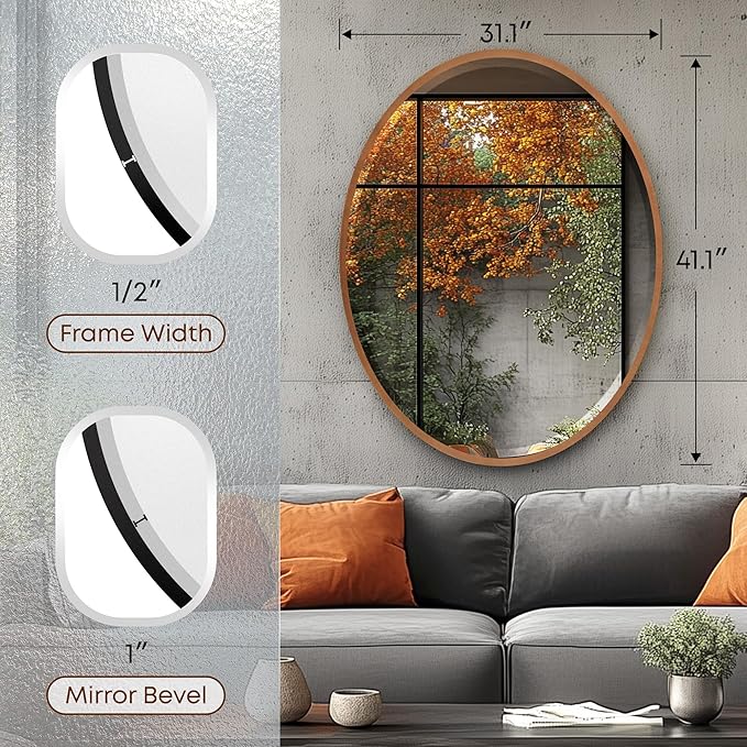 OVALCREST - Oval Wooden Beveled Wall Mirror for Home Decor, Bathroom, Vanity, Bedroom, Living Room, Hallway - London Style (Gold Spray) 31.1 x 41.1