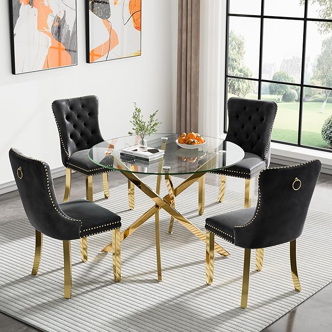 36" Round Glass Dining Room Table for 4 with Tempered Glass Top and Gold Chrome Metal Legs, Modern Clear Kitchen and Dinner Table for Home Office Dining Room