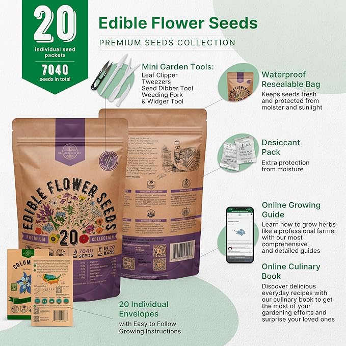 Organo Republic 20 Edible Flower Seeds Variety Pack- Indoor/Outdoor. 7000+ Non-GMO Heirloom: Borage, Bergamot, Nasturtium, Chives, Cape Daisy, Hyssop, Zinnia Seeds & More