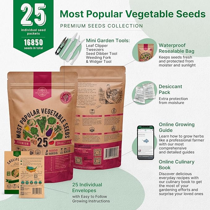 Organo Republic 25 Vegetable Seeds Variety Pack - 16,850+ Non-GMO Heirloom Seeds for Planting Vegetables & Fruits in Individual Seed Packets, Home Garden Seed for Hydroponic, Indoor & Outdoor Garden