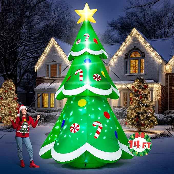 14FT Christmas Inflatable Decorations, Giant Blow Up Xmas Tree, Lighted Up Christmas Tree Inflatables with Rotating Snowflake Lamp, Colorful Yard Decoration for Xmas Holiday Lawn Party