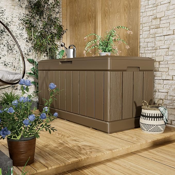 Greesum 82 Gallon Resin Deck Box All Weather Large Outdoor Storage for Patio Furniture, Toys, Garden Tools, Lockable, Brown