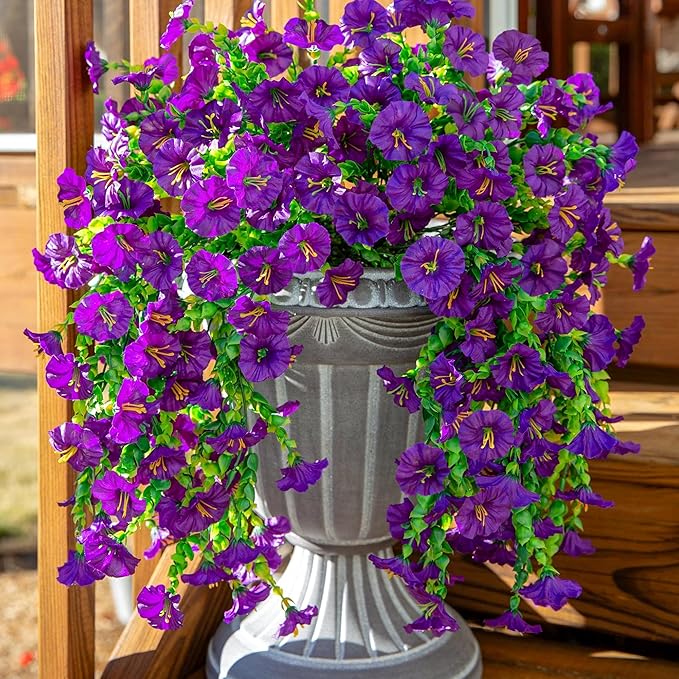 Ivydale 2 PCS Artificial Hanging Flowers Fake Plants Outdoor,Silk Morning Glory Faux Flowers with Eucalyptus Leaves,UV Resistant Realistic Hanging Petunias Plants for Home Garden Decor (Purple)