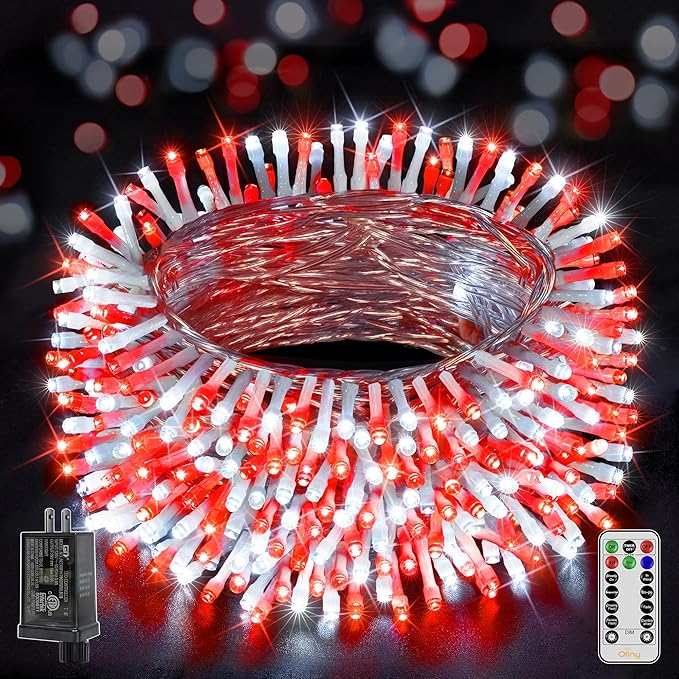 Ollny Christmas Lights Outdoor 800LED 262FT, Red and White Plug in Fairy Lights with Remote, 8 Modes Waterproof Timers Dimmable LED String Lights for Indoor House Outside Bedroom Patio Balcony