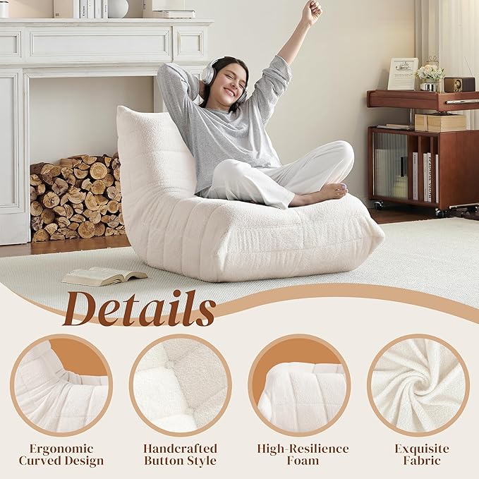 Bean Bag Chair, Fireside Chair Bean Bag Sofa for Adults, Bean Bag Chairs for Teens with High-Resilience Foam, Memory Foam & Non-Slip Base Bean Bag for Living Room, Bedroom, Office (Teddy, Beige)