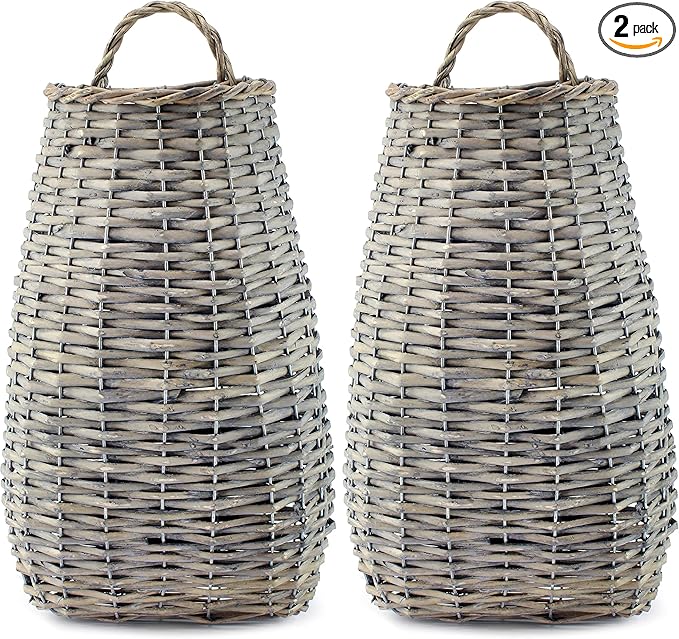 AuldHome Design Wall Hanging Pocket Basket; Woven Wicker Rustic Farmhouse Gray