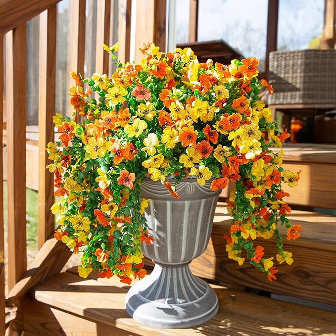 INSPRING Artificial Flowers for Outdoors Fake Mums Hanging Plants Decor, 2Pcs Silk Daisy with Eucalyptus UV Resistant Look Real Trailing Vines for Planter Front Door Patio Yard, OrangeYellow