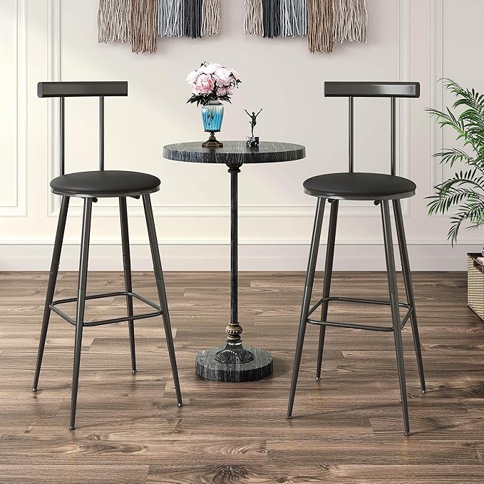 Bar Stools, Set of 2 High Kitchen Barstools, Bar Chairs with Backrest and Footrest, Industrial Counter Stools with PU Soft seat, for Kitchen, Living Room, Pub, Black BS-013BK