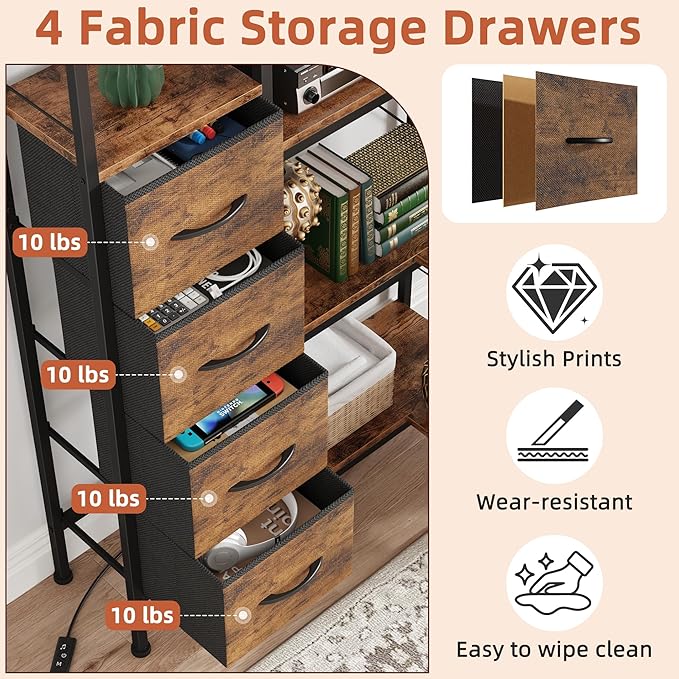 Corner Bookshelf with LED Light Strips & 4 Fabric Drawers, 5-Tier Convertible Corner Shelf with Display Shelf, Large Wood Industrial Bookcase for Living Room, Bedroom, Home Office, Rustic Brown