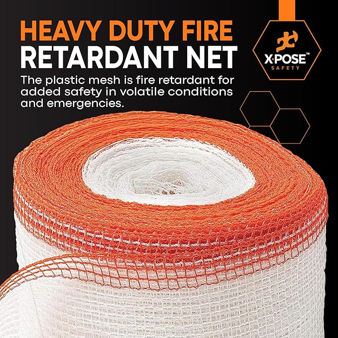 Xpose Safety Construction Safety Debris Netting - 150 Ft Temporary Material Roll, 1/16" Mesh Scaffold Net Enclosure, Visibility Barrier, Fencing Roll, Heavy Duty Fire Retardant 8.5 ft x 150 ft, White