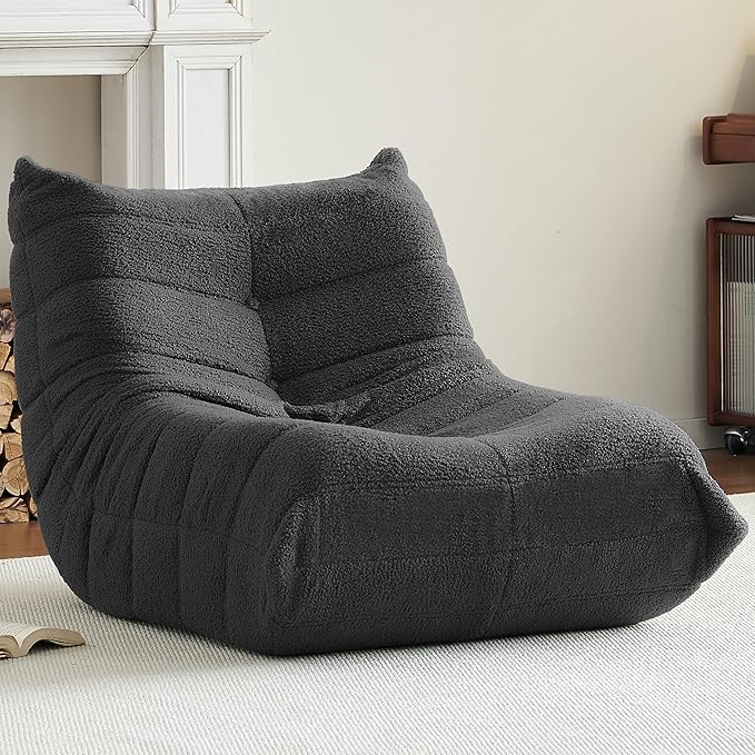 Bean Bag Chair, Fireside Chair Bean Bag Sofa for Adults, Bean Bag Chairs for Teens with High-Resilience Foam, Memory Foam & Non-Slip Base Bean Bag for Living Room, Bedroom, Office (Teddy, Dark Gray)