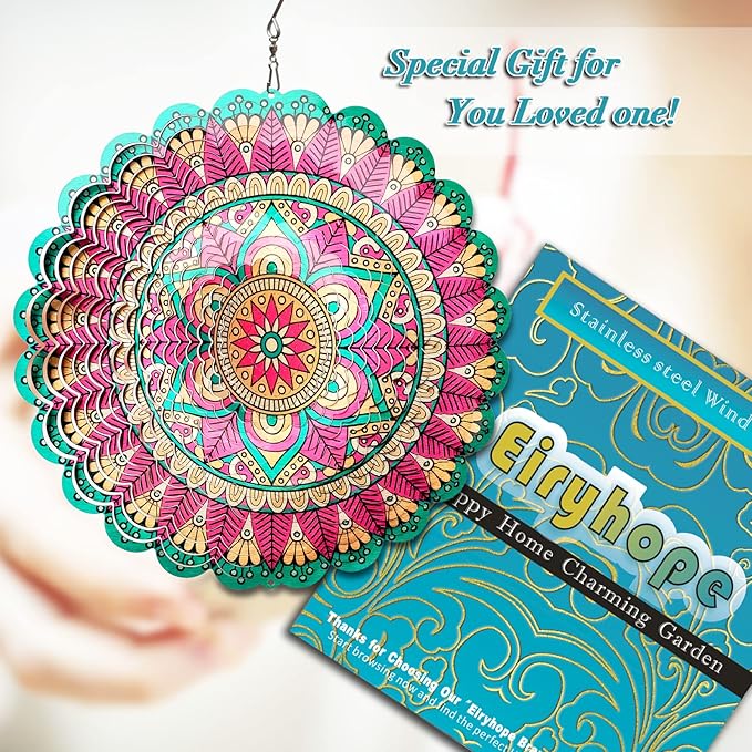 Mandala Manjusaka Wind Spinner - 12″ Stainless Steel Hanging Sculptures | 3D Kinetic Laser Cut Metal Art Decoration for Yard/Garden/Indoor, Creative Decor Gift