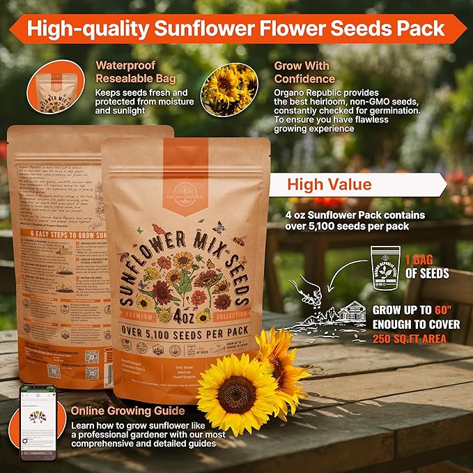 Sunflower Mix Seeds Pack 4 oz - Over 5,100 Non-GMO Heirloom Sunflower Seeds for Planting, Annual Flowers in Individual Seed Packet for Planting Home Garden Indoor & Outdoor Gardening
