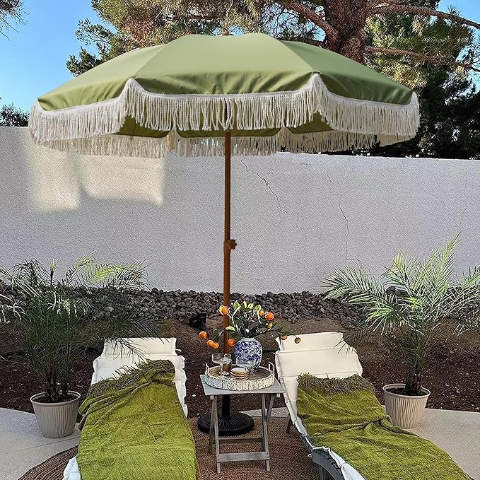 AMMSUN 7ft Patio Umbrella with Fringe Outdoor Tassel Umbrella UPF50+ Premium Steel Pole and Ribs Push Button Tilt, Sage Green