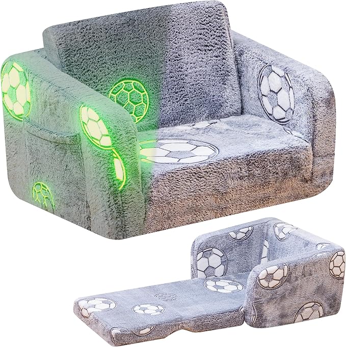 Lamerge 2-in-1 Soft Toddler Couch Fold Out,Foldable Toddler Chair, Glow in The Dark Kids Sofa for playroom,Convertible Foam and Floor Cushion for Boys and Girls (Grey and Football)