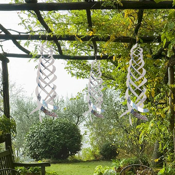 Hausse Bird Repellent Spiral Reflectors Silver Mylar Spinner, Hanging Reflective Bird Deterrent Device, Garden Decorative Scare Birds Away, Like Woodpeckers, Pigeons and Geese, 3 Pack