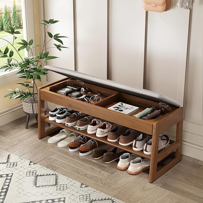 Shoe Rack Bench with Cotton-Linen Cushion 2-Tier Wooden Storage Bench 550lbs Compact Simple & Modern Design for Entryway, Hallway, Bedroom, Living Room, Closet, Front Door Entrance, Foyer