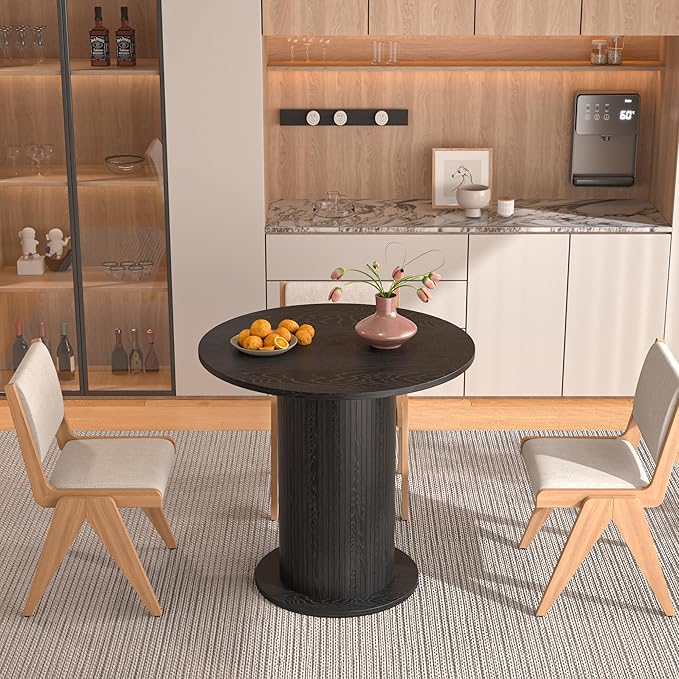 31.5 inch Round Dining Table for 2, Modern Farmhouse Kitchen Table, Small Circle Dining Tables with Wood Strip Base for Kitchen Living Room (Black)