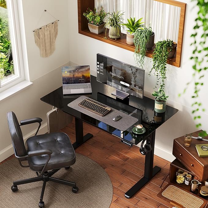 INNOVAR Glass Standing Desk with Drawers, 48×24 Inch Adjustable Stand Up Desk, Quick Install Home Office Computer Desk, Black