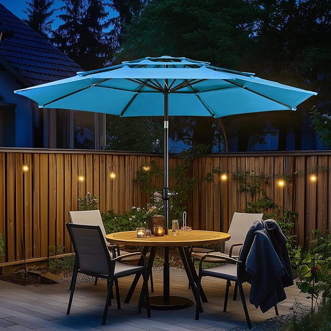 Yaheetech 3-Tier Patio Parasol 10ft Vented Outdoor Canopy Sun Shade Large Market Table Umbrella Double-layer Cloth & Push-button Tilting for Yard/Garden/Park Sky Blue