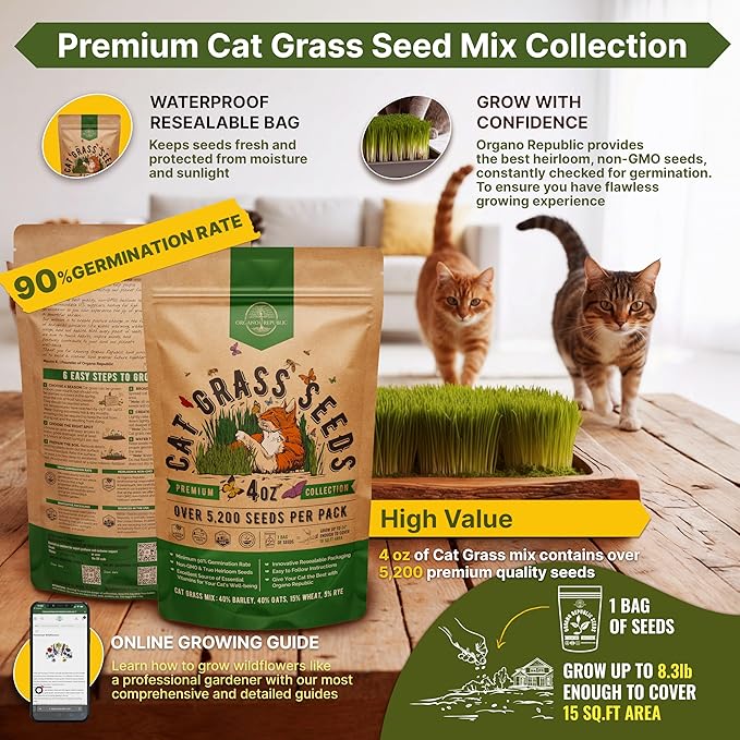 Cat Grass Seeds Mix - 5,200 Non-GMO Heirloom Seeds for Cats & Pets, 4 oz Pack for Growing Fresh Barley, Oat, Rye & Wheat Grass Seeds for Planting, Indoor Plants for Pets, Hairball Remedy for Cats