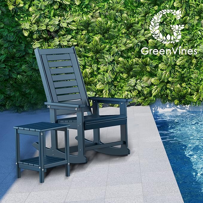 GREENVINES Outdoor Rocking Chairs | Set of 4 | Porch Rocker | HDPE Plastic | Blue | Oversized Rockers | High Back | Big & Tall | Ladder Back | for Patio Outside Backyard Balcony Garden