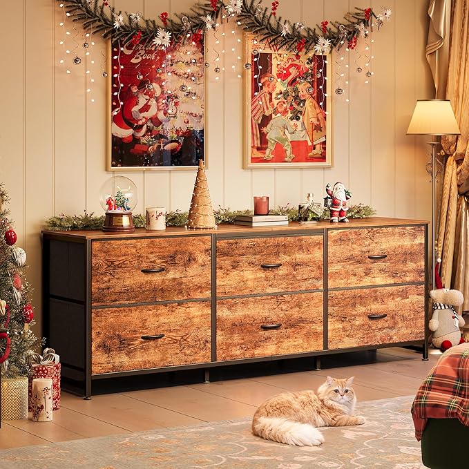 Huuger 63 Inch Long Dresser for Bedroom, Wide TV Stand for 55, 65, 70 Inch TV, 6 Drawer Dresser for Closet with Fabric Drawers, Storage Organizer for Bedroom, Entryway, Rustic Brown
