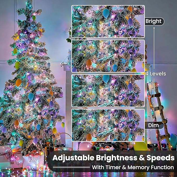 iShabao RGB Color Changing String Lights, 115ft 300 LED Red Wihte Blue Light with Remote Timer, Wateproof Plug in,July 4th Patriotic Lights for Wreath Home Party Yard Garden Tree Decor