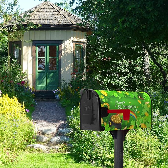 Happy St Patrick's Day Mailbox Cover Magnetic Large Size 25.5" X 21" Shamrock Clovers Rainbow Green Hat Oversized Mailbox Covers Gold Coins Patrick Mail Post Letter Box Wrap Outdoor Decor