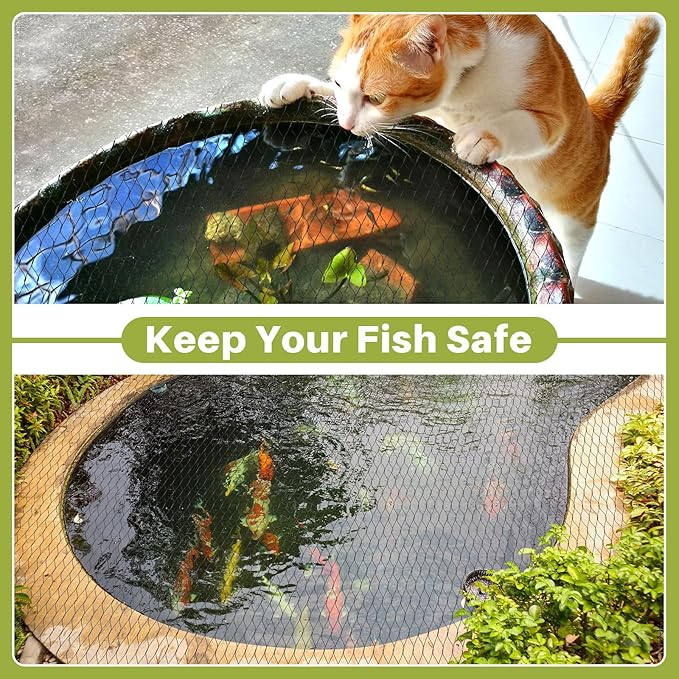 Koi Pond Netting Kit 28 x 30ft, Bird Deer Fence Netting, Durable Net Cover for Leaves, Heavy Duty Fine Mesh, Protect Fish from Blue Heron Birds, Cats & Predators, 35pcs Stakes & Ties Included