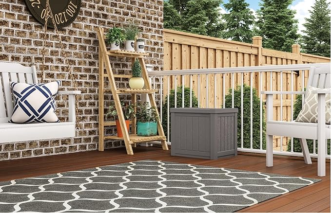 Suncast 22-Gallon Small Deck Box - Lightweight Resin Indoor/Outdoor Storage Container and Seat for Patio Cushions and Gardening Tools - Store Items on Patio, Garage, Yard - Stone Gray, Made in the USA