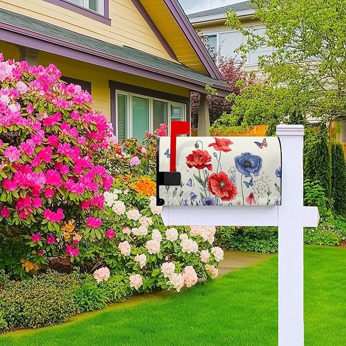 Red Blue Floral Mailbox Covers 4th of July Mail Box Covers Magnetic Standard Size 21x18 inch Patriotic Butterfly Flower Post Letter Box Cover Wrap Decorative Mailboxes for Outside Garden