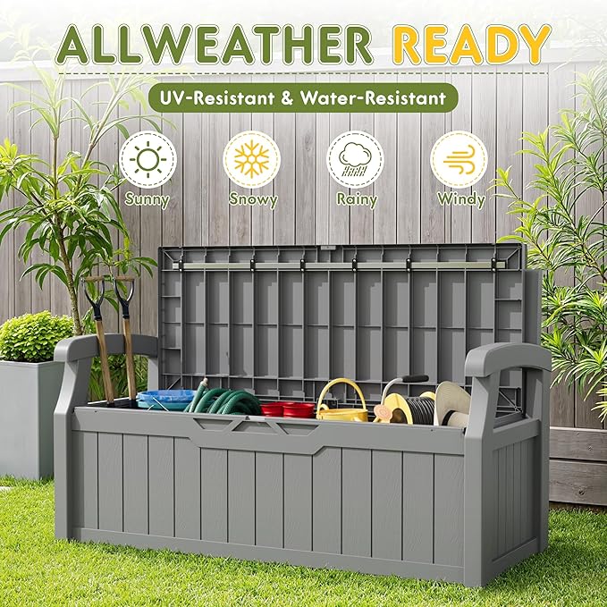Greesum 80 Gallon Storage Bench Outdoor Deck Box with Armrest, Patio Furniture,Lockable, Waterproof and UV Resistant, Suitable for Garden, Pool, Grey