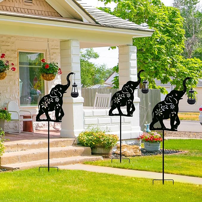 Solar Elephant Garden Stakes Outdoor Solar Decor Metal Elephant Holding Solar Animal Lantern Decorative Garden Metal Animal Stakes Outdoor Elephant Silhouette Stakes
