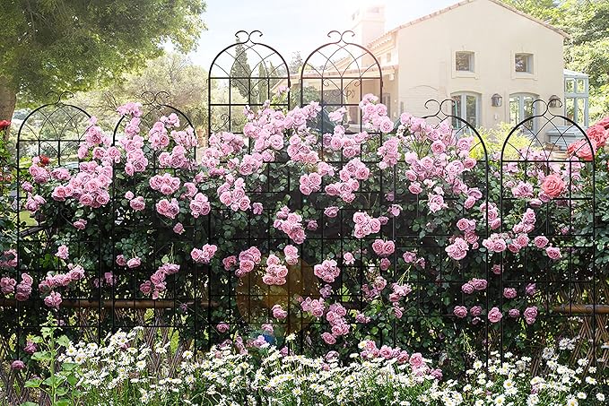 LZRS 4 Pack 87x20in Rustic Iron Arch Decoration Garden Trellis with Black Metal Coating – Perfect for Supporting Climbing Plants Outdoor, Roses, Vines, Flowers, and Vegetables.