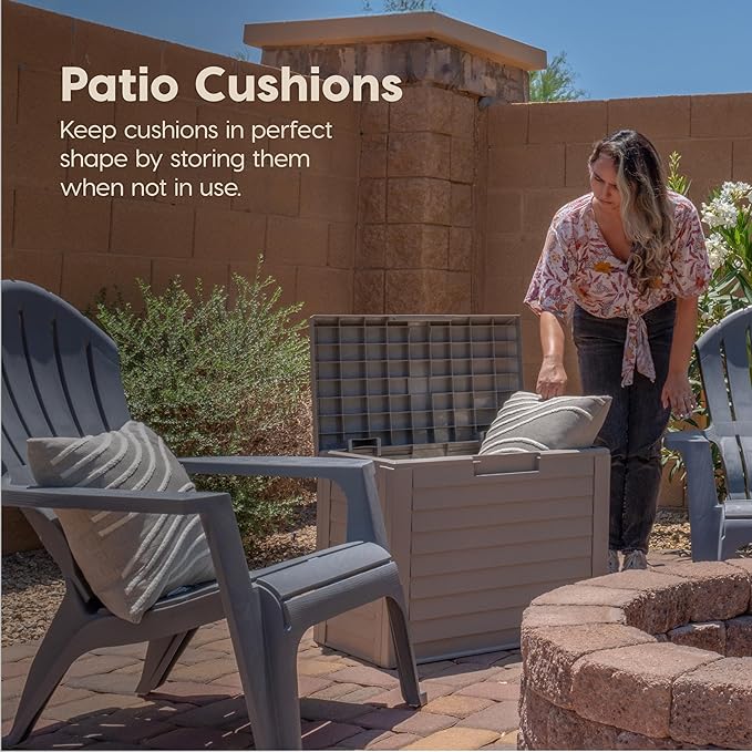 IRIS USA 35-Gallon Outdoor Deck Delivery Storage Box, Lockable & UV-Protected, Weather-Resistant Patio Storage for Cushions, Garden Tools & Packages, Waterproof Resin, Durable & Stylish Design - Beige
