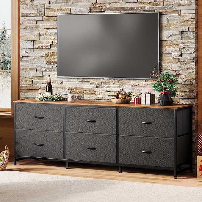 Huuger 63 Inch Long Dresser for Bedroom, Wide TV Stand for 55, 65, 70 Inch TV, 6 Drawer Dresser for Closet with Fabric Drawers, Storage Organizer for Bedroom, Entryway, Rustic Brown and Black