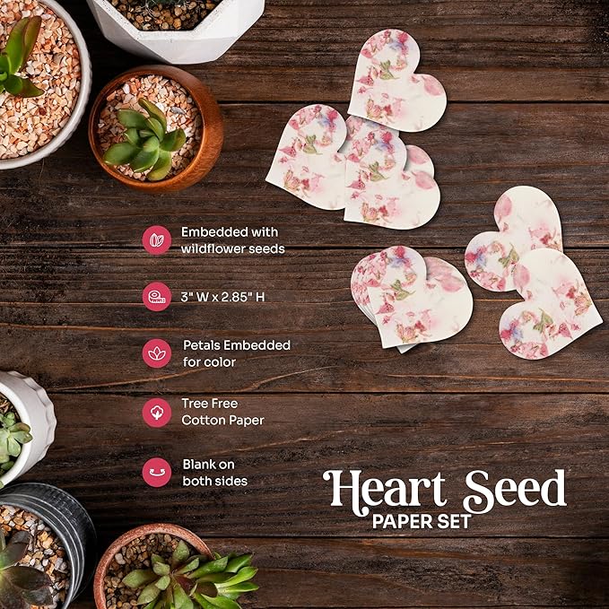 Wildflower Seed Paper - Set of 24 Pink Heart-Shaped with Envelopes and Planting Instruction, Writable & Plantable Gift for Moms and Plant Lovers, Ideal for Weddings, Memorials, Baby Showers