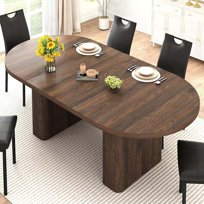 70.8 in Dining Table for 4 5 6 | Modern Walnut Rectangular Kitchen Table W/Waterproof Wood Tabletop,Farmhouse Long Dining Room Tables W/Foot Pads&Wood Strip Base for Kitchen Living Room