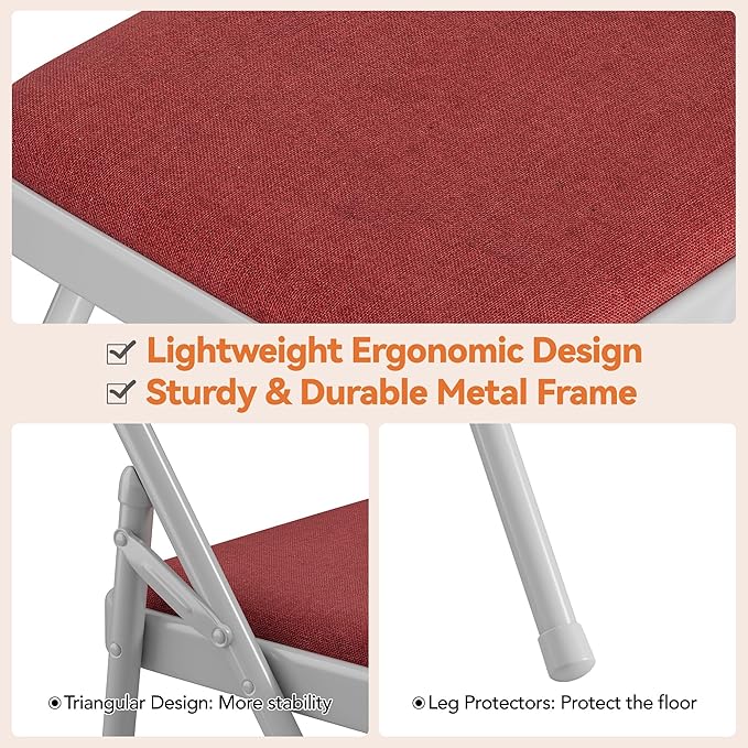 GarveeHome 2 Pack Folding Chairs with Fabric Padded, Metal Foldable Chair Linen Cushion and Back for Indoor Outdoor, Commercial Stackable Guest Chairs for Camping, Dining Room, Office, Wedding, Red