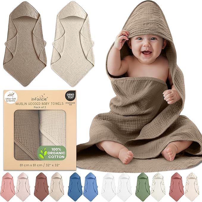 100% Organic Cotton Muslin Baby Hooded Towels 32x32 Inch – 2 Pack Soft & Absorbent Hooded Baby Towels For Boys & Girls, Premium Hooded Towels, Ultra-Gentle Baby Essentials in Deep Olive/Ivory