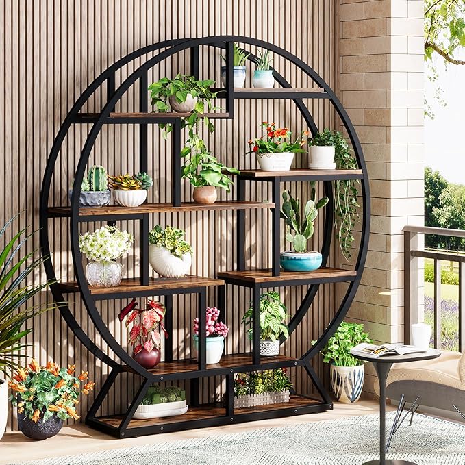 Tribesigns Bookshelf, Round Bookshelves Etagere Bookcase, 63 Inch Industrial Wood Book Shelf with Staggered Shelves, Rustic Open Shelving Organizer Rack Display Shelf for Home Office, Living Room