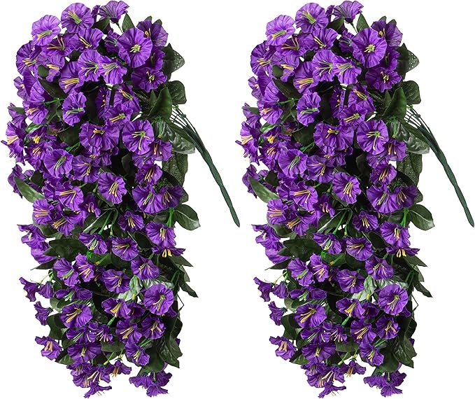 Artificial Fake Hanging Flowers Plants for Outdoor Outside Summer Decoration, 2PCS Faux Silk Morning Glory Purple UV Resistant Look Real Trailing Vines for Home Planter Porch Patio