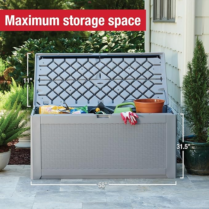 Rubbermaid Extra Large Resin Outdoor Storage Deck Box (134 Gal), Weather Resistant, Gray, Deck Organization for Home/Backyard/Pool Chemicals/Toys/Garden Tools/Porch/Patio Cushions