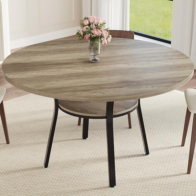 IDEALHOUSE Round Dining Table for 4-6, 47 Inch Kitchen Table with Sturdy Metal Frame, Space Saving Circle Dining Room Table for Small Space (Table Only), Grey
