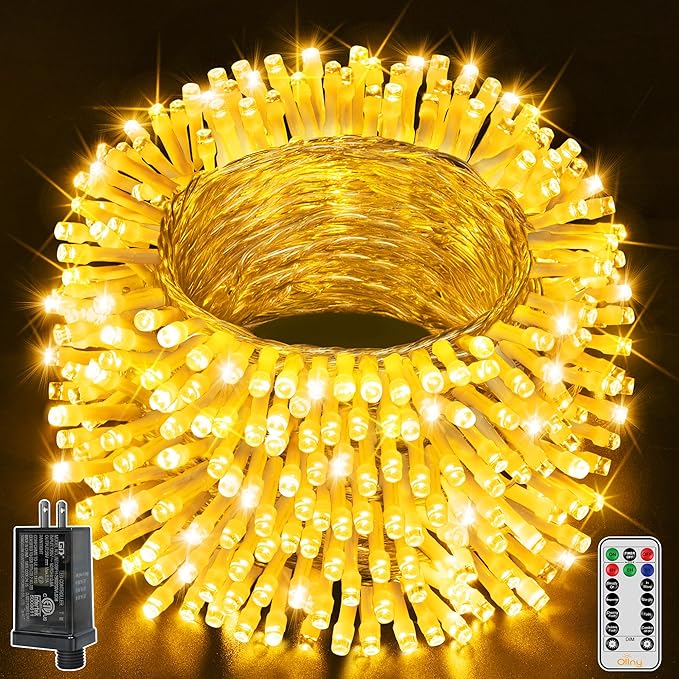 Ollny 400LED 131FT Christmas Lights Outdoor, Clear Wire Fairy Lights with Remote 3 Timer, Plug in 8 Modes String Lights for Bedroom Indoor Outside House Party Xmas Decorations, Warm White